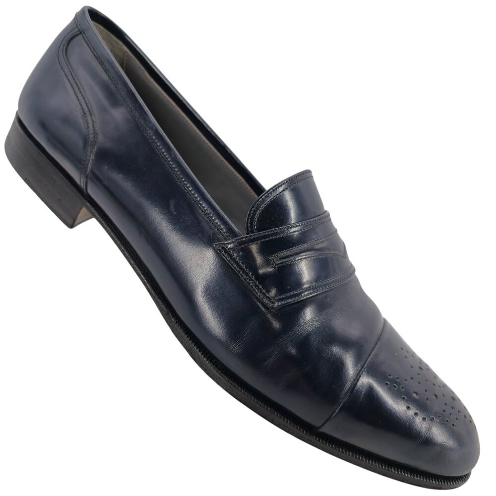 Vintage Bally Italy Navy Blue Leather Dress Shoes Mens 11.5 Penny Loafers Morris - Picture 1 of 11